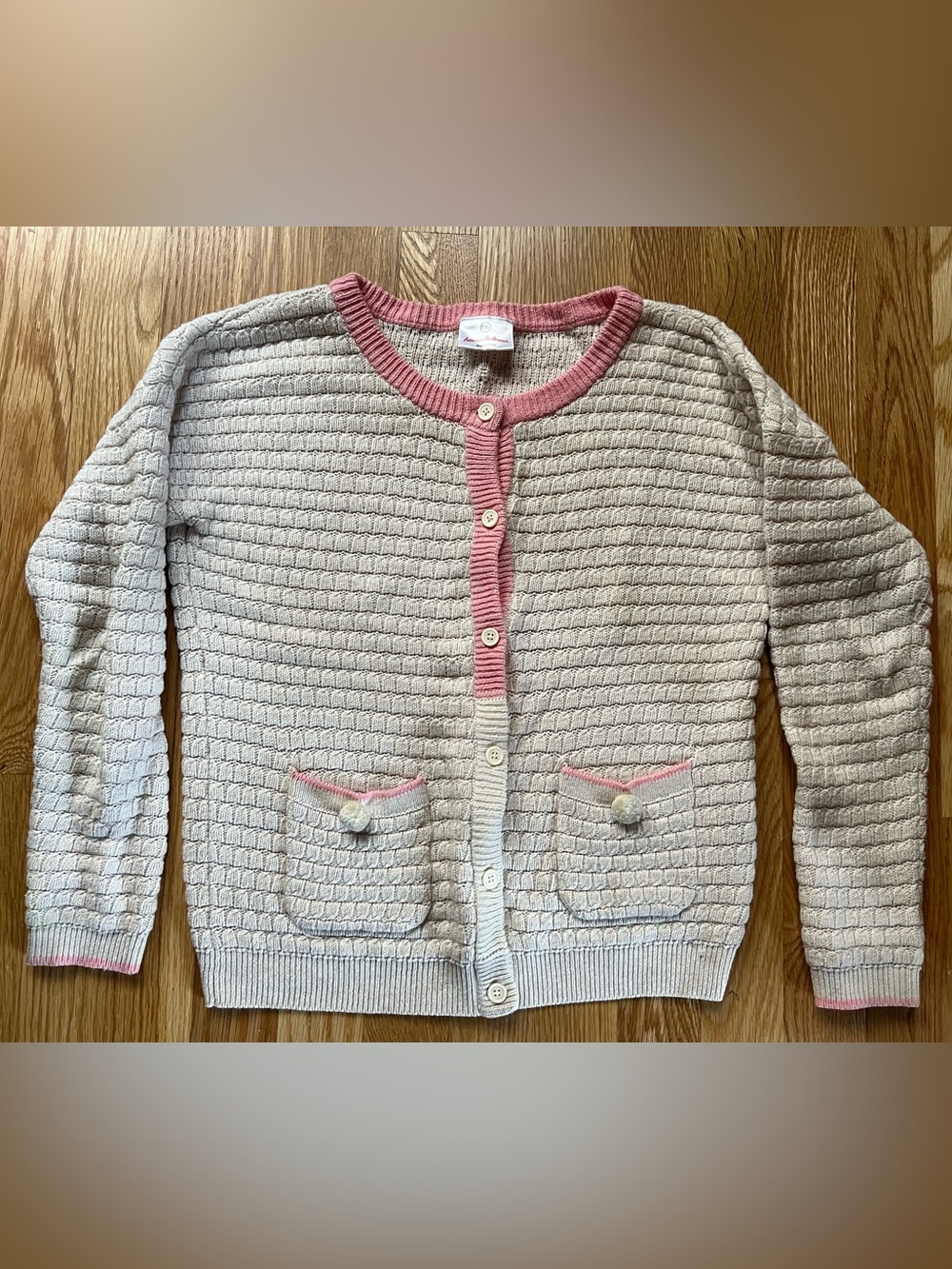 Hanna Andersson Cream Waffle Knit Cardigan with Pink Trim